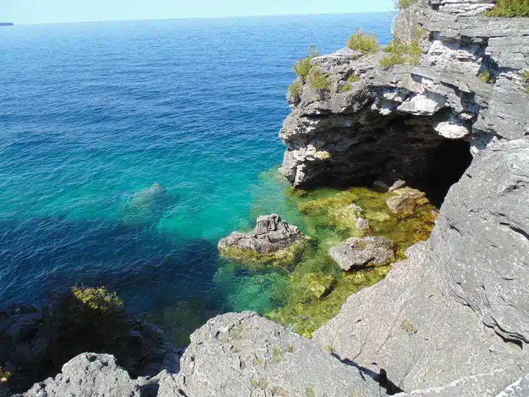 The image shows a rugged coastline with layered rock formations overlooking clear turquoise waters, with green algae visible near the water's edge.