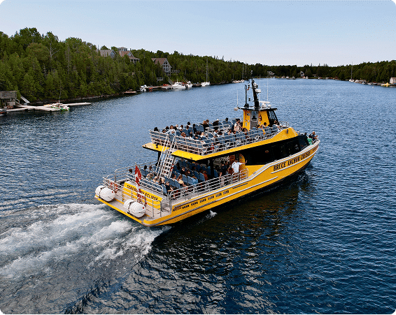 A tour boat with people, labeled "Bruce Anchor Cruises," travels on a serene blue lake surrounded by lush green trees and waterfront houses.